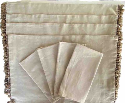 Pier 1 Imports 8-PC Beaded Trim Linen Placements & Napkins Tan Brown Edge-image