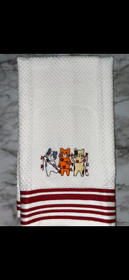 Embroidered Red Striped Mainstays Kitchen Hand Towel Valentine Cat Trio BS2974-image