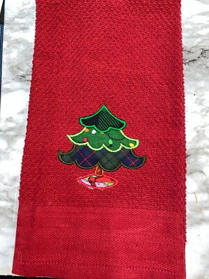 Embroidered Appliqued Red Kitchen Hand Towel Winter Christmas Tree Mixed Fabrics-image
