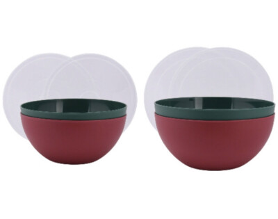 Mainstays Plastic Serving Bowls with Lids Round, Set Of 4, Dark Red & Green, NEW-image