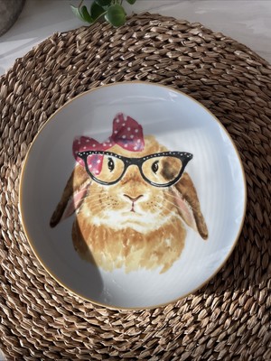 Pier 1 Bunny Faces 8” Salad Luncheon Plate Bow Red Glasses Girl Rabbit-image