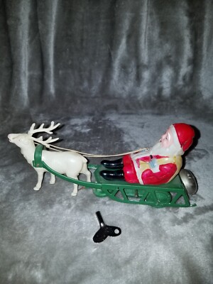 Vintage Celluloid Santa & Reindeer W/Metal Sleigh Wind Up Toy-image