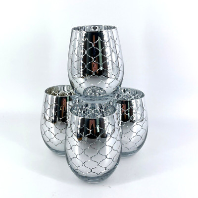 Lot 4 Pier 1 Imports Silver Electroplated Stemless Wine Glasses Geometric Design-image