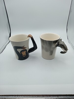Pier One Import Monkey And Elephant Mugs Hanpainted Stoneware 18 Oz.-image