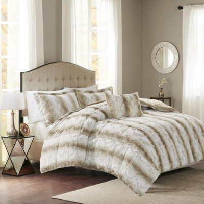 NEW! ~  COZY LUXURY ULTRA SOFT PLUSH IVORY TAUPE TAN FAUX FUR CHIC COMFORTER SET-image