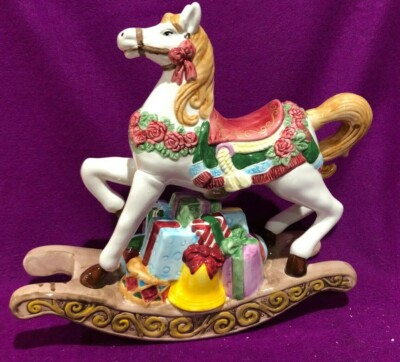 Holiday Musical Rocking Horse Wind Up Christmas  Figurine Porcelain 13
