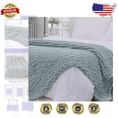 Cozy 51x63 Inch Chunky Knit Throw Blanket - Dusty Blue Hand Knitted Chenille-image