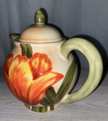 Wilco Imports Teapot, Orange,green tulip design, 4 cup pot -image