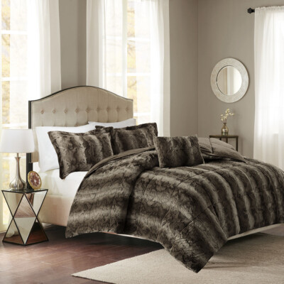 NEW! ~ LUXURY ULTRA SOFT & PLUSH WARM COZY BROWN GREY TAN FAUX FUR COMFORTER SET-image