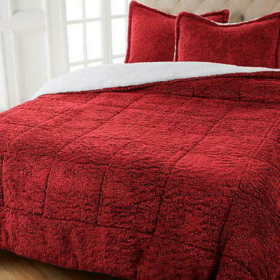 Warm & Cozy Plush Sherpa Reversible 3 piece Comforter Set,, Wine, King Cal-image