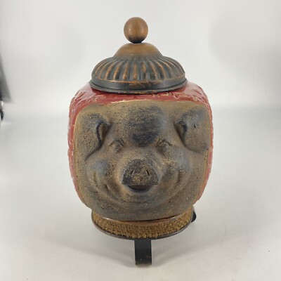 Pier 1 Imports Metal Pig w/Ceramic Asian Scroll Pineapple Design Footed Jar-image