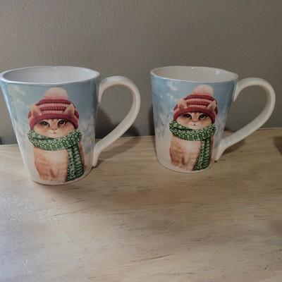 Pier 1 Imports Ironstone Winter Kitty Coffee Mugs Set Of 2-image