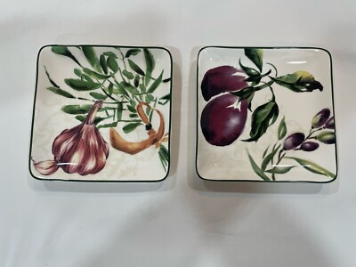 Pier 1 Imports Ironstone Fresco Plates Square Set of 2 Eggplant & Garlic 6”-image