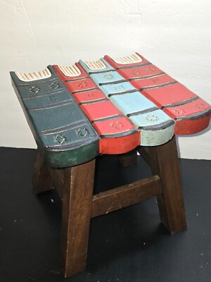 Book Design Hand Carved Acacia Hardwood Decorative Short Stool-image
