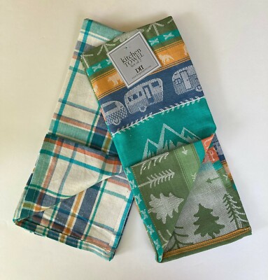 Camping RV Kitchen Towels, Set of 2 - Happy Camper Towel & Matching Plaid Towel-image