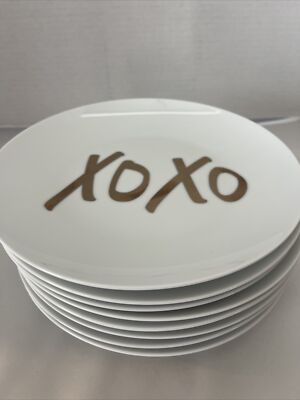 Pier 1 Imports XOXO Dessert Plates White /Gold 8” Kiss/hug Set Of 8-image