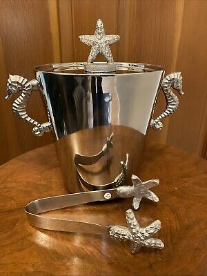 Silver PIER 1 IMPORTS Stainless Steel ICE BUCKET STARFISH LID W Ice Tongs-image
