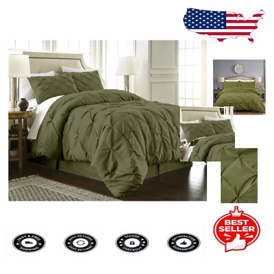 Lightweight Olive Green Pinch Pleat Comforter Set - Cozy All-Season Bedding-image