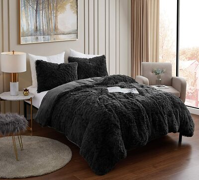Solid Black Plush Shag Faux Fur Fluffy 3pc Comforter Set Queen King Bedding Soft-image