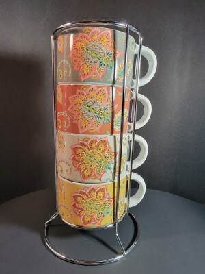 Pier 1 Stacking Coffee Cups with Wire Rack Stoneware Swirl Design 4 Colors-image