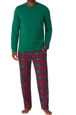 New Men's Cuddl Duds Cozy Relaxed Fit Flannel Lodge Pajama Set Green / Red L-image