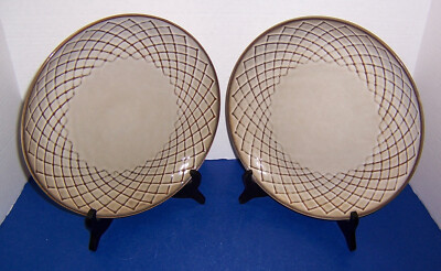 Pier 1 Reactive Cream/Brown 2 Dinner Plates (11”) Embossed Geometric Design NICE-image