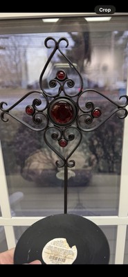 Pier 1 Candle Holders Wall Sconce Set (2) Black Metal with Red Glass Accents-image