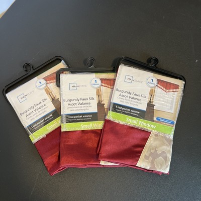 Three (3)  Mainstays Burgundy Faux Silk Ascot Valances-54 in W x 22 in H- New-image
