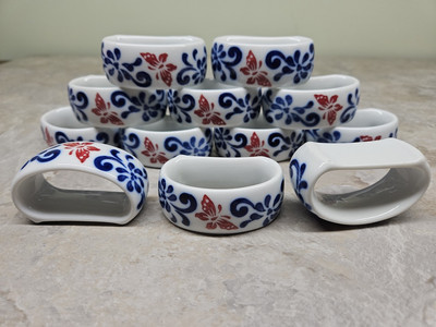 Pier One Butterfly Floral White Cobalt Blue Ceramic Napkin Rings Set Of 12 B01-image