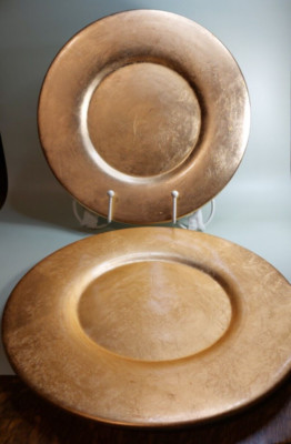 2 Pier 1 Imports Round Gold Ceramic Charger Plate 13”-image