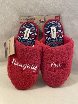 Dearfoams Women’s Medium Red Naughty Nice Memory Foam cozy comfort slippers NWT-image