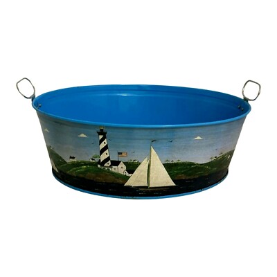DESIGN IMPORTS Decorative Metal Tub Basket W/ Handles Blue Lighthouse Boat-image