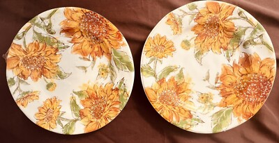 Set Of 2 PIER 1 SUNFLOWER BLOOMS 10.75” DINNER PLATES 1 Chip On Back Pic-image