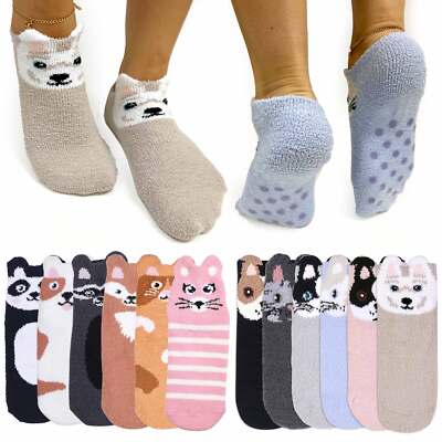 6 Pairs Ladies Women Girls Soft Cozy Fuzzy Socks Ankle Grip Animal Slippers 6-8-image