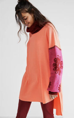 Free People Oversized Make It Cozy Coral Thermal Tunic Top Sweater Sleeves XS -image