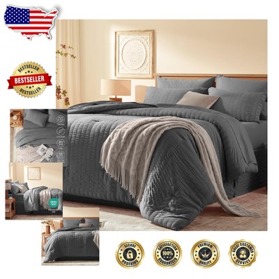 8-Piece Dark Grey Seersucker Comforter Set - Machine Washable & Cozy-image