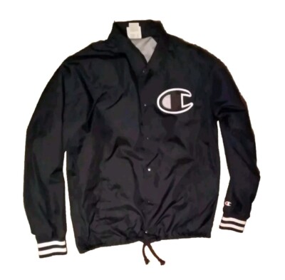 CHAMPION Coaches Jacket Coat Blue Vintage Style Snap Buttons Big C Retro Size M-image