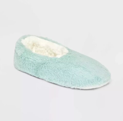 Women's Faux Fur Cozy Pull-On Slipper Socks Mint Green Size Large-image