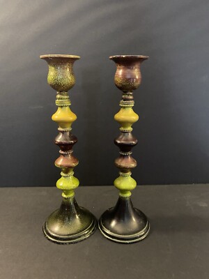 Pair Vtg Pier 1 Imports Metal Multicolor Candlestick Holders 9.5” Boho Moroccan-image