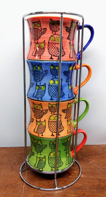 Pier 1 Imports Owl Stacked Coffee Tea Mugs Set of 4 With Metal Stand Retro -image