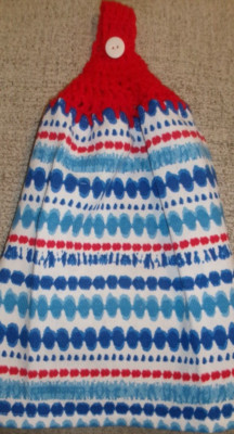 RED Yarn  Crochet Top RED WHITE BLUE Print Cotton Kitchen Dishtowel-image