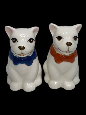 Set of White Ceramic Bulldogs Sporting Red & Blue Bow ties Salt & Pepper Shakers-image