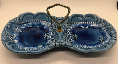 Vintage candy dish, blue swirl leaf design Ceramic candy, nut dish with handle-image