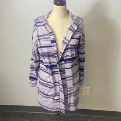 Cozy Casual Women’s Size S Hooded Purple & White Striped Sweater-image