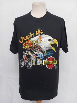 Vintage 1985 Harley Davidson Chasing The Wind Funwear 50/50 Black T-Shirt XL EUC-image