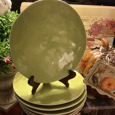 (6) Pier 1~”CERCHI GREEN”~9” Luncheon/Salad~Plates~Hand-Painted/Earthenware~-image