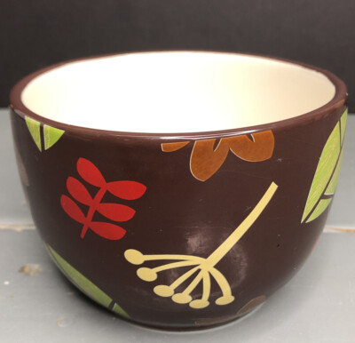 Pier 1 Imports Earthenware Bowl brown floral hand painted washer safe Nice!-image