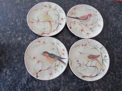 SET 4 PIER 1 IMPORTS HAND PAINTED BIRD PLATES EARTHENWARE 9.25