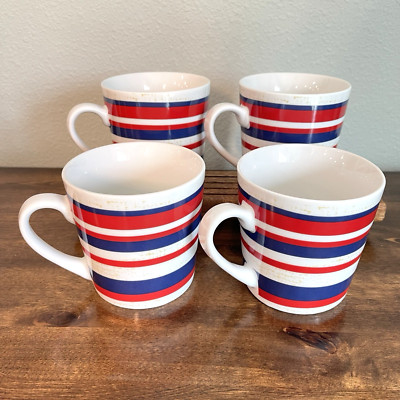 Pier 1 Imports Set of 4 RED WHITE BLUE Striped Coffee Mugs 16 oz 4th July-image