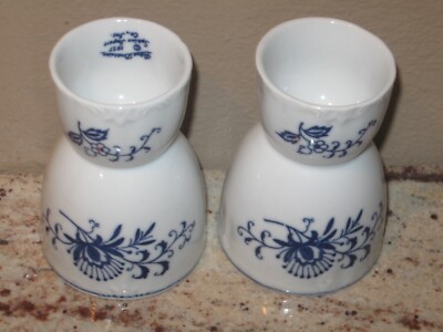 Vintage Blue Dresden Pair of Double Egg Cups- 1957- Sphinx Import Set of 2-image